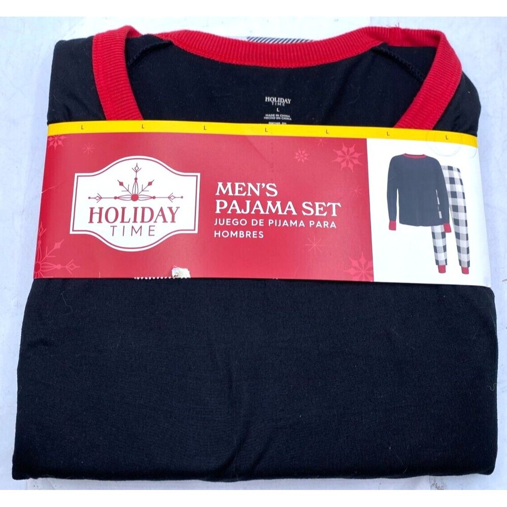 Holiday Time Men's Pajama PJ Set Plaid Black White Red Large New